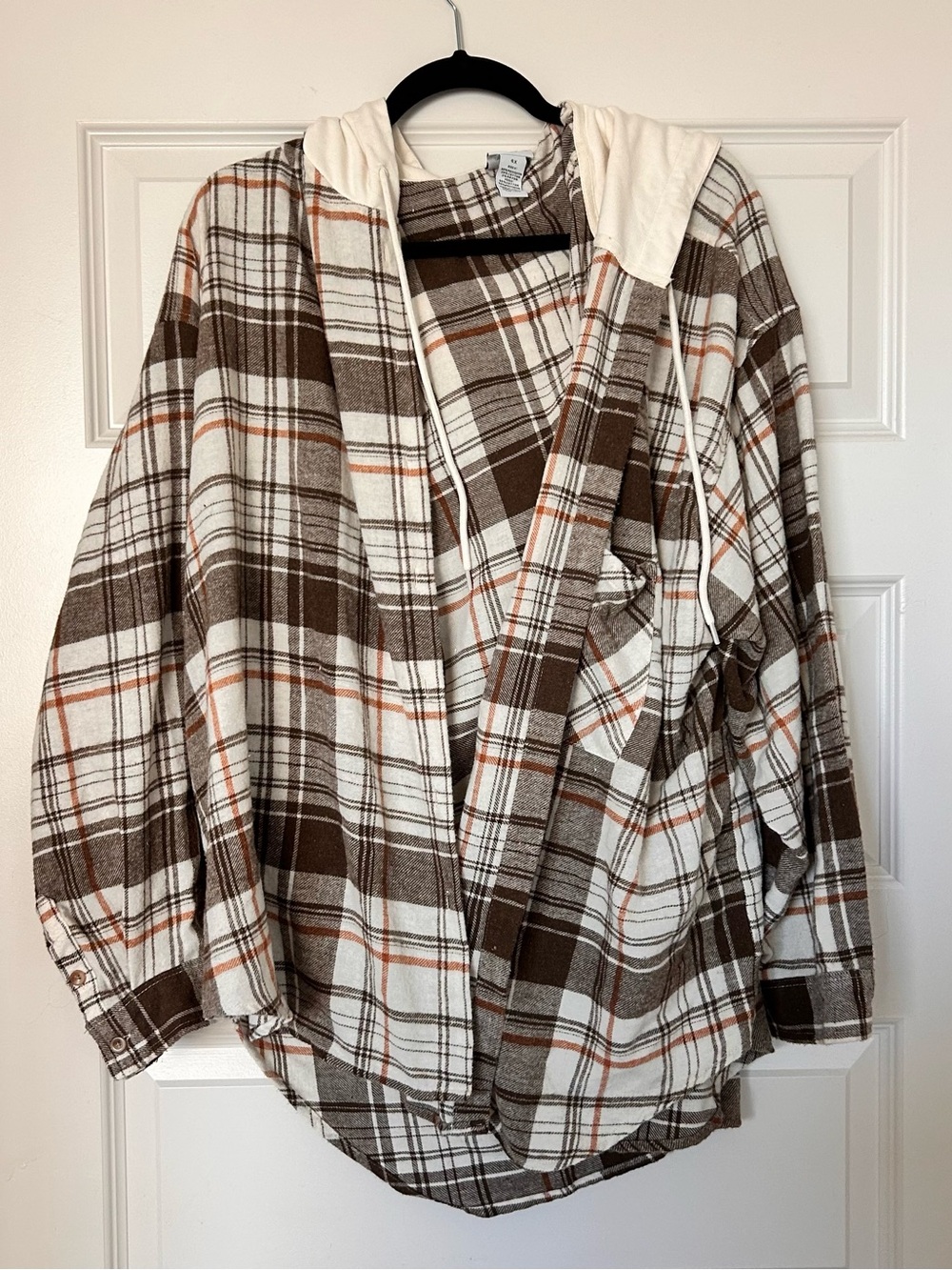Plaid Hooded Flannel Shirt Jacket in Brown & Cream